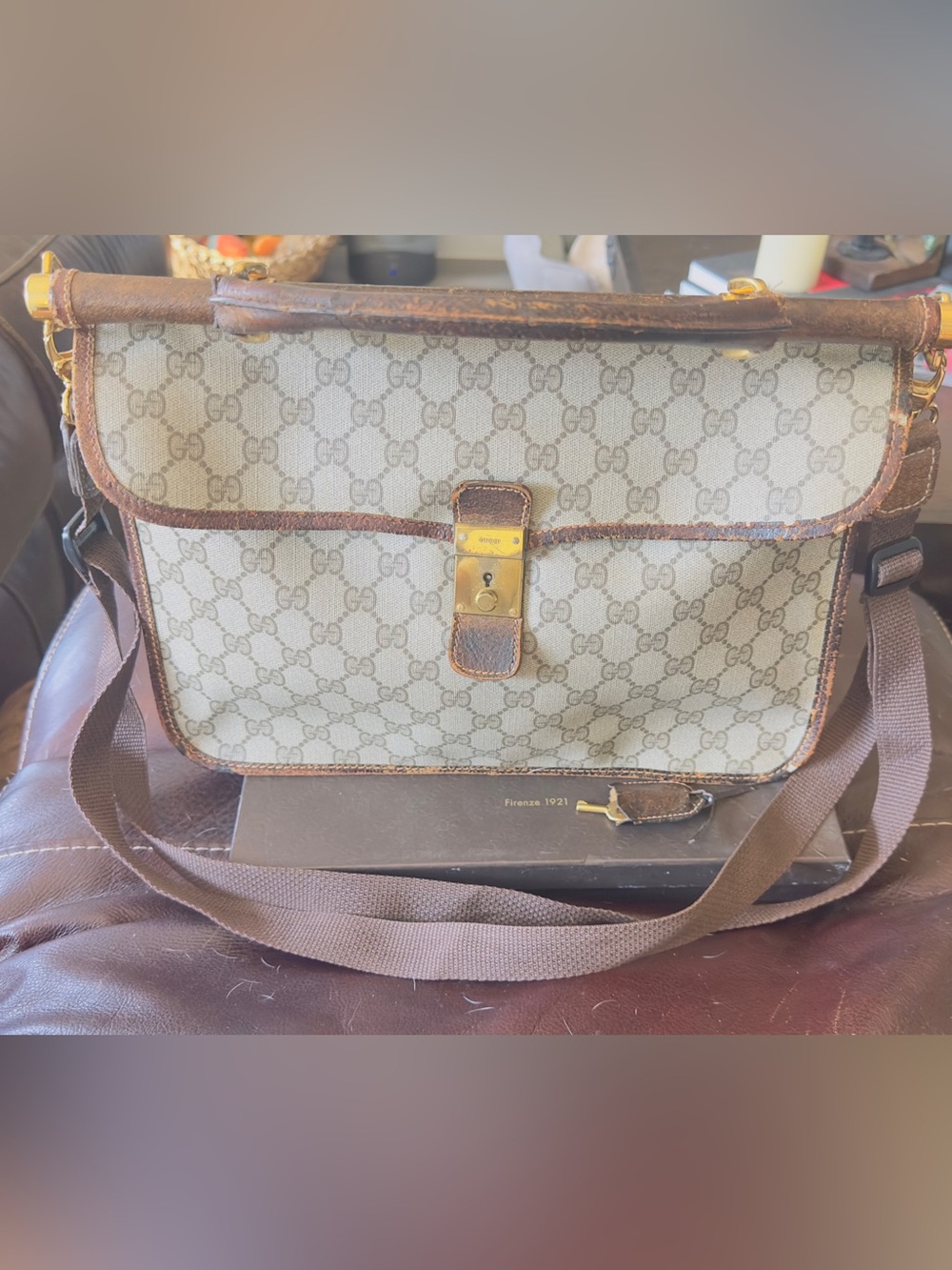 1970”s vintage Gucci Brown & Beige GG Canvas Messenger Bag with Leather Trim